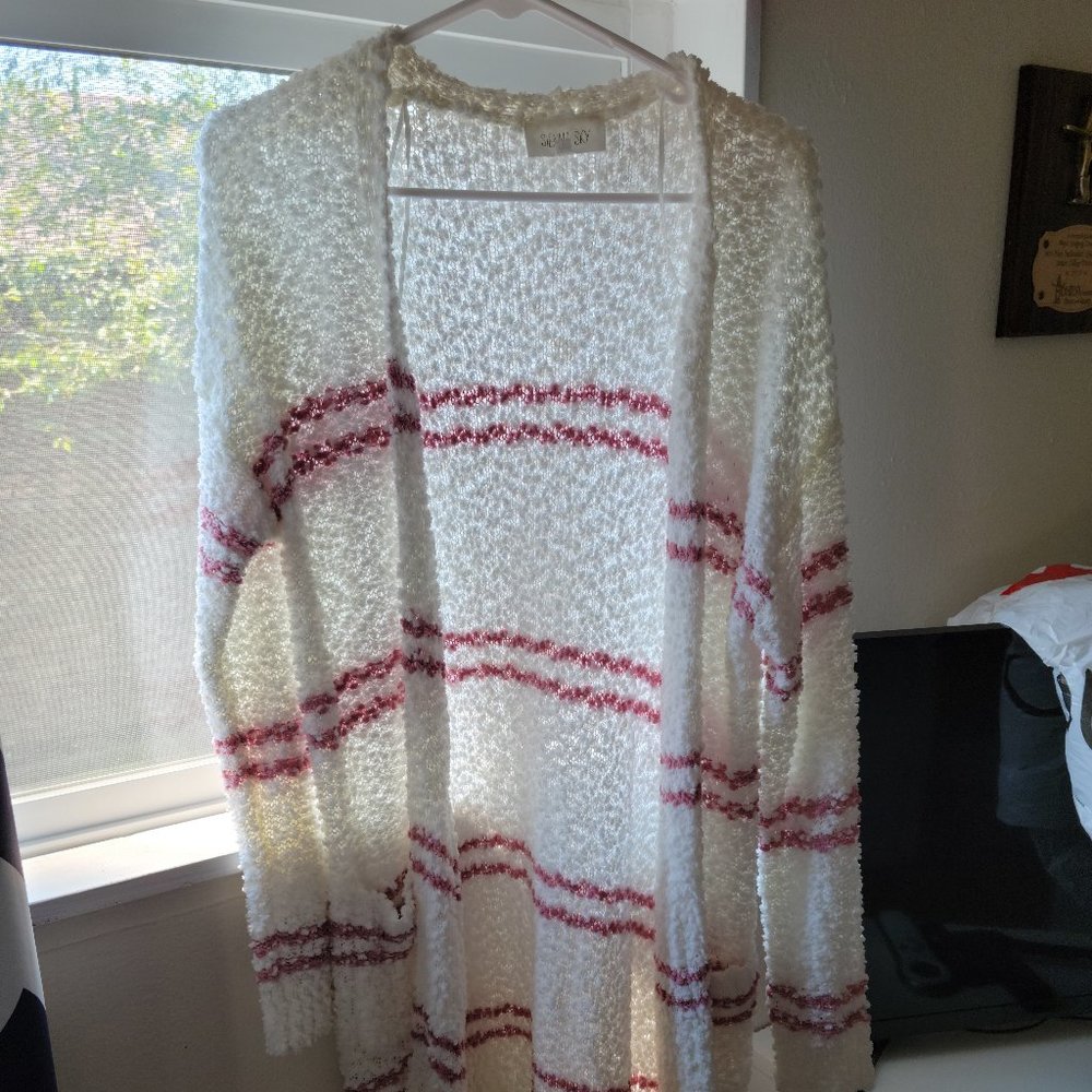 Long White and Pink Stripe Cardigan